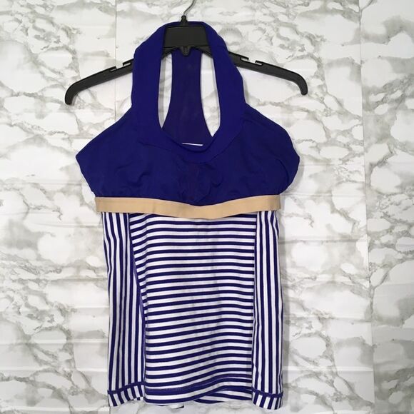 LULULEMON SCOOP NECK STRIPE RACER‎ BACK ATHLETIC WORKOUT TANK TOP BLUE WHITE 10 - Picture 7 of 14